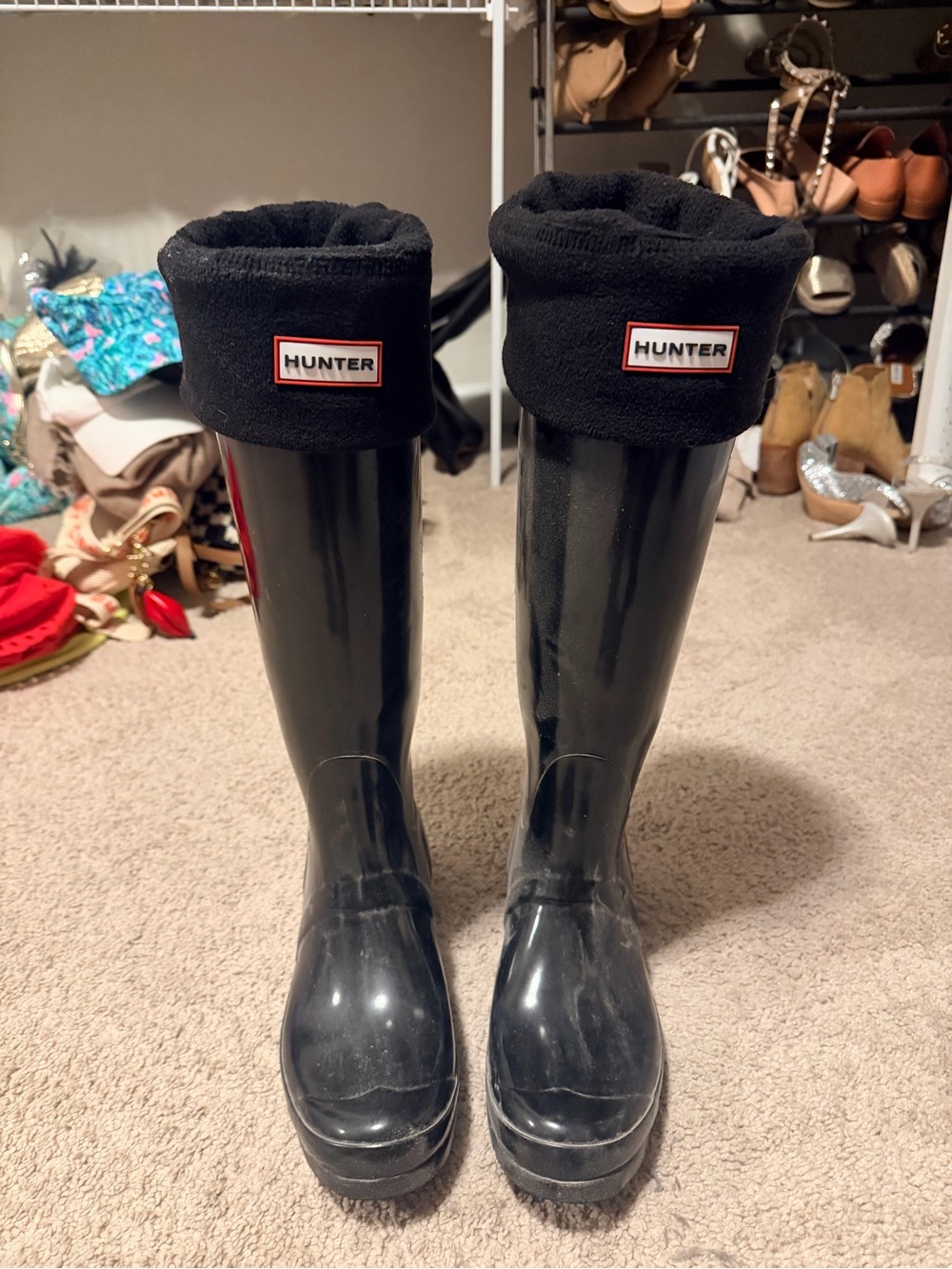 Hunter Black Gloss Tall Rain Boots with Black Fleece Cuffs